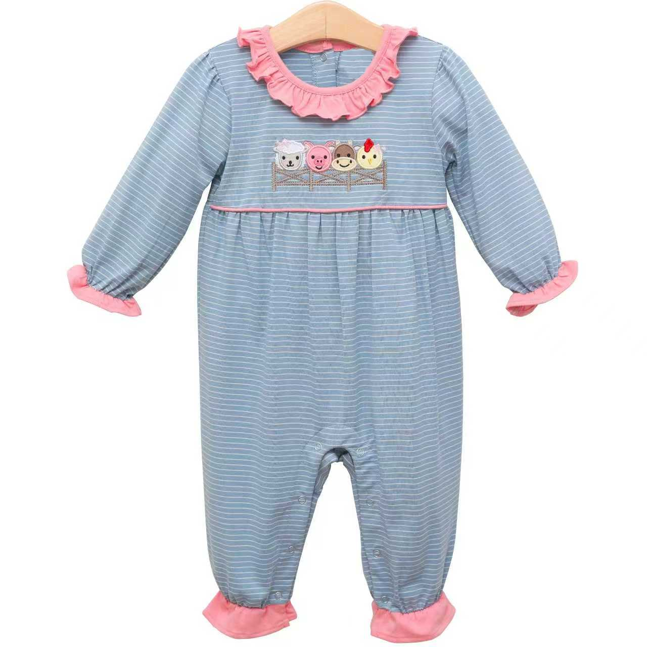 preorder LR2849 farm animals cow pig blue long sleeve girls romper