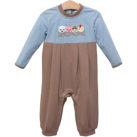 preorder LR2850 farm animals cow pig blue long sleeve boys romper