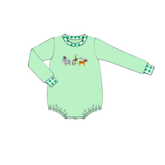 preorder LR2876 Mardi Gras Animals Elephant Monkey Green Long Sleeve Boys Romper