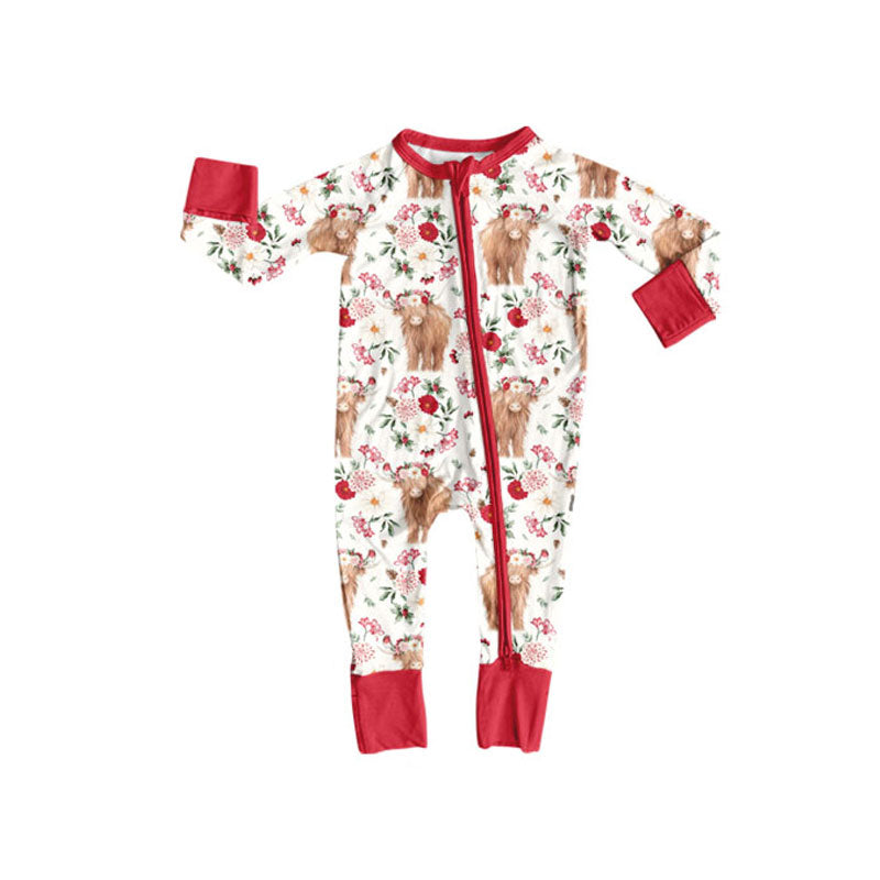 preorder LR2881 Western Highland Cow Flowers Red Zipper Long Sleeve Girls Romper