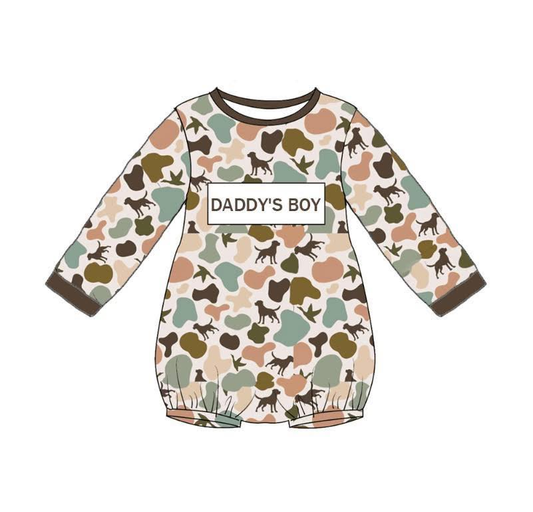preorder LR2894 Daddy's Boy Hunting Camo Dog Long Sleeve Boys Romper