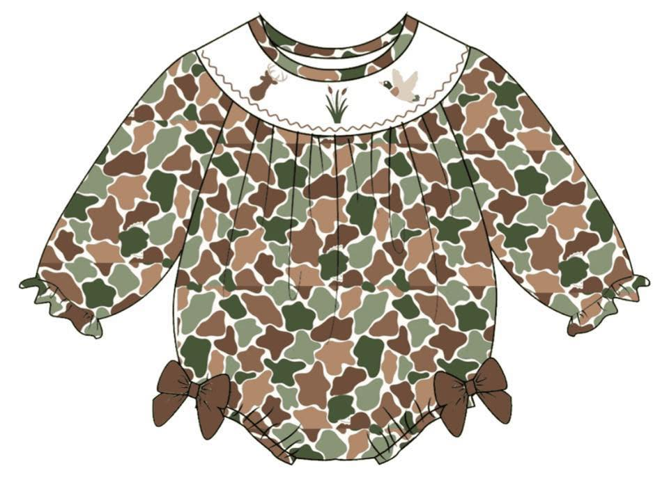 preorder LR2897 Hunting Mallard Duck Deer Camo Long Sleeve Girls Romper