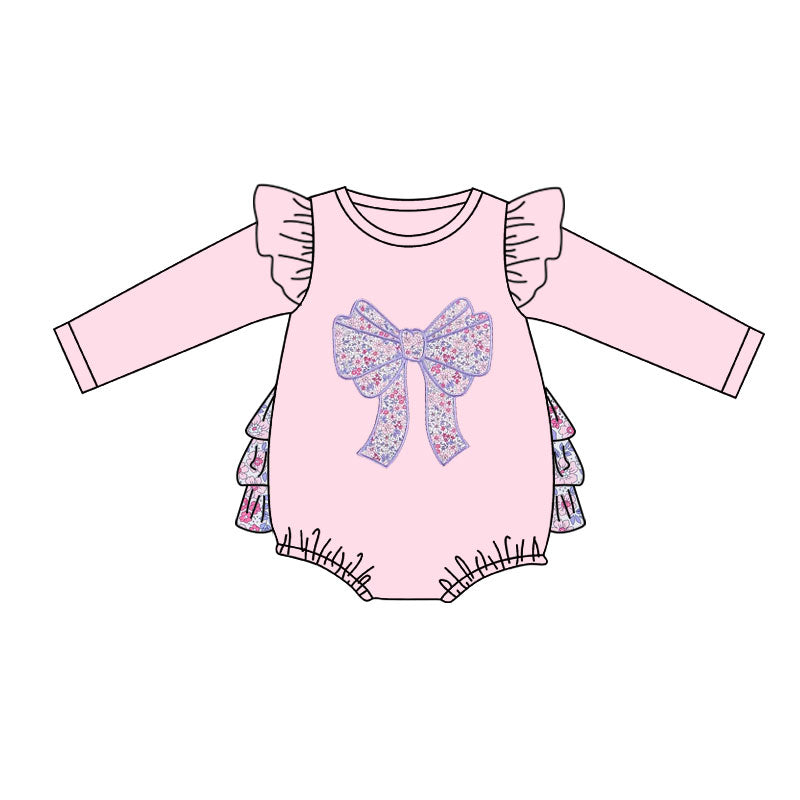 preorder LR2898 Floral Flowers Bow Pink Long Sleeve Girls Romper