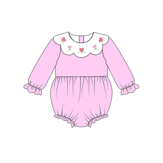 preorder LR2899 Valentine's Day Heart Flowers Hot Pink Long Sleeve Girls Romper