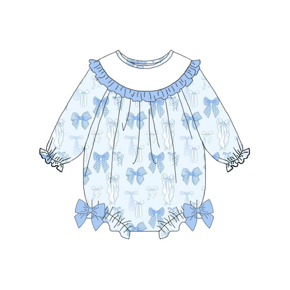 preorder LR2900 Valentine's Day Blue Bows Long Sleeve Girls Romper