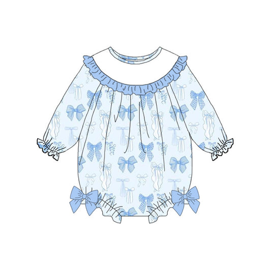 preorder LR2900 Valentine's Day Blue Bows Long Sleeve Girls Romper