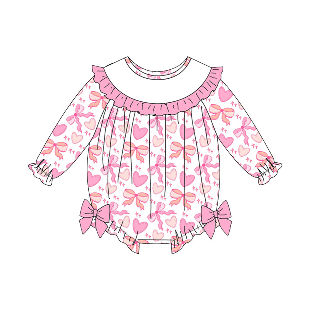 preorder LR2900 Valentine's Day Heart Bows Pink Long Sleeve Girls Romper