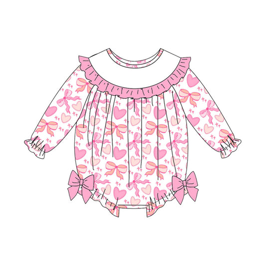 preorder LR2900 Valentine's Day Heart Bows Pink Long Sleeve Girls Romper