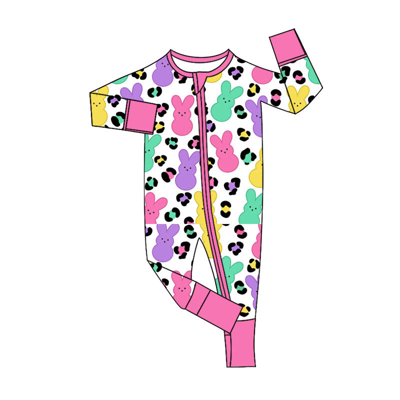 preorder LR2903 Easter Peep Leoaprd Hot Pink Long Sleeve Zipper Girls Romper