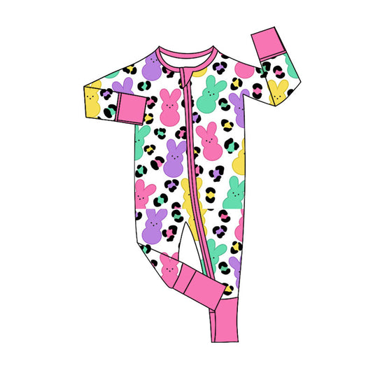 preorder LR2903 Easter Peep Leoaprd Hot Pink Long Sleeve Zipper Girls Romper