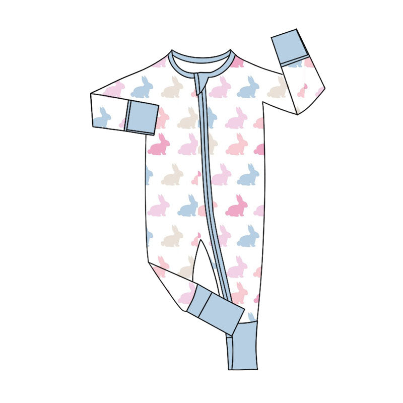 preorder LR2905 Easter Rabbit Rabbit Blue Long Sleeve Zipper Girls Romper