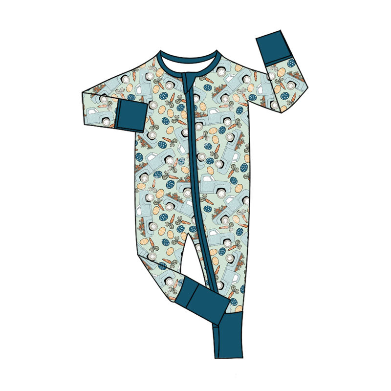 preorder LR2918 Easter Carrot Truck Egg Zipper Long Sleeve Boys Romper