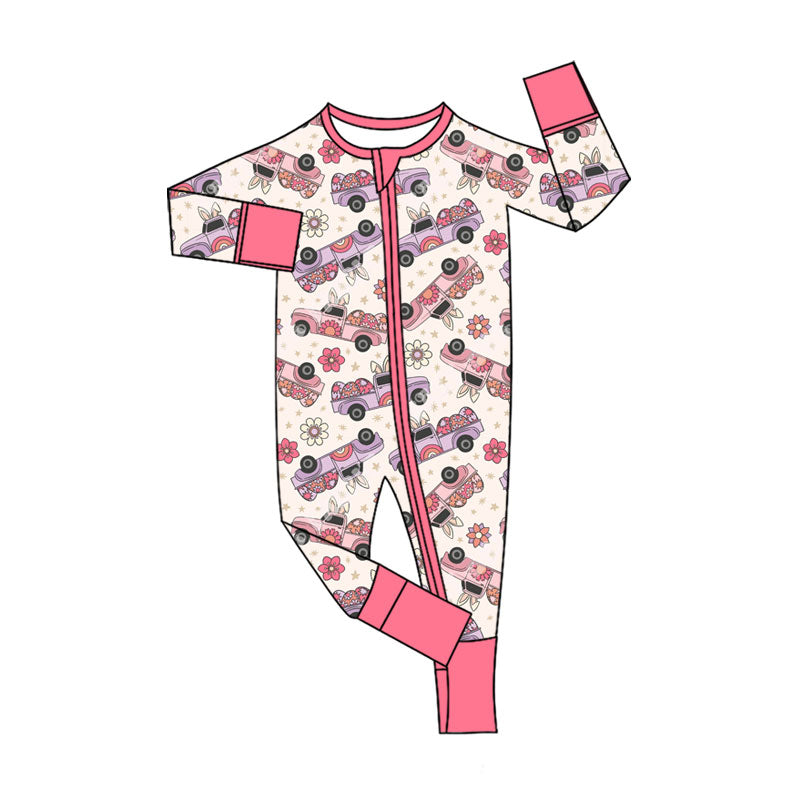 preorder LR2919 Easter Carrot Truck Egg Zipper Long Sleeve Girls Romper