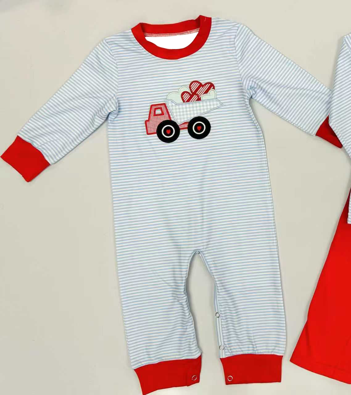 preorder LR2922 Valentine's Day Heart Truck Blue Long Sleeve Boys Romper