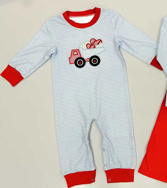 preorder LR2922 Valentine's Day Heart Truck Blue Long Sleeve Boys Romper
