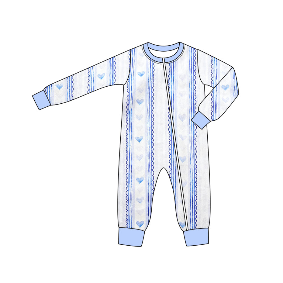 preorder LR2923 Valentine's Day Heart Blue Zipper Long Sleeve Boys Romper