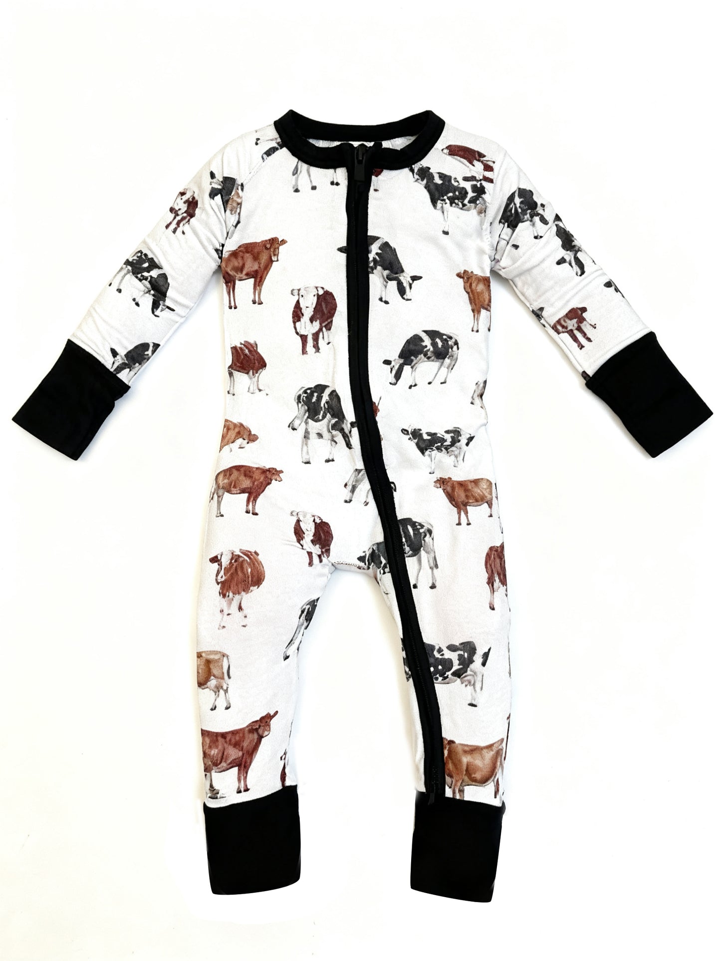 preorder LR2930 Farm Cow Black Zipper Long Sleeve Boys Romper