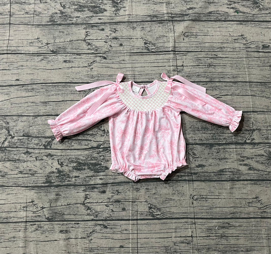 preorder Samples LR2932 Pink Flowers Long Sleeve Girls Romper