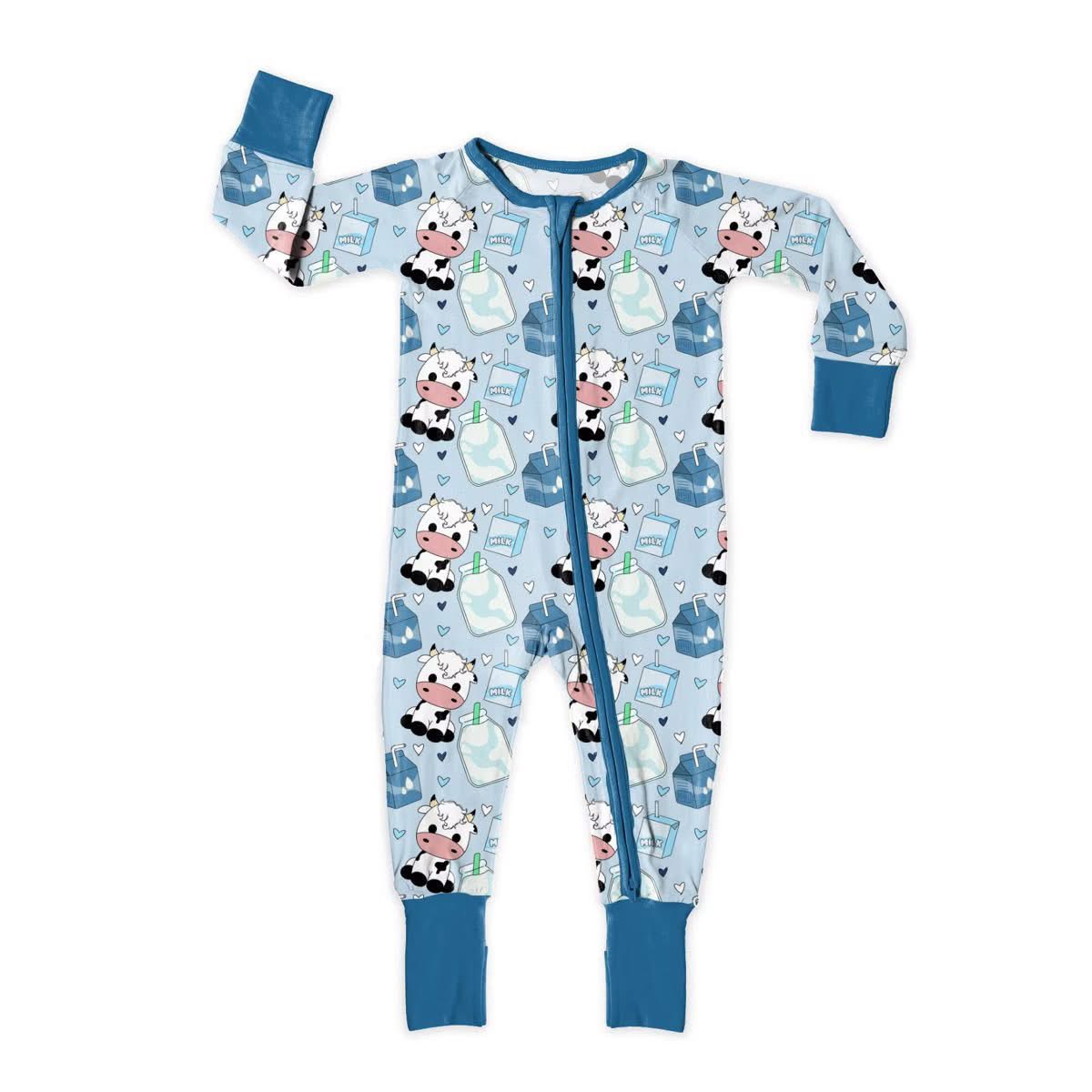 preorder LR2934 Cow Milk Blue Zipper Long Sleeve Boys Romper