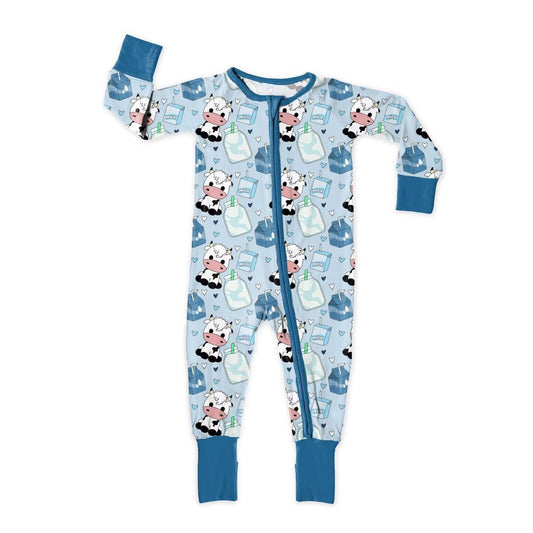 preorder LR2934 Cow Milk Blue Zipper Long Sleeve Boys Romper