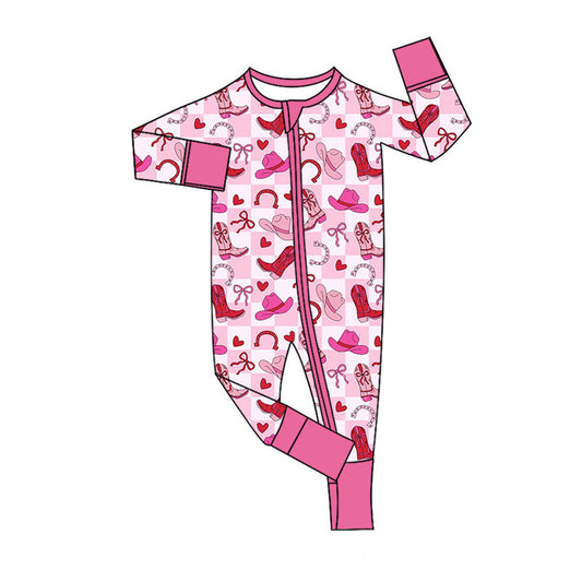 preorder LR2936 Valentine's Day Heart Boots Hat Pink Zipper Long Sleeve Girls Romper