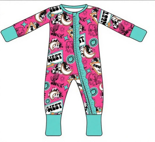 preorder LR2943 Western Aztec Cactus Hot Pink Zipper Long Sleeve Girls Romper