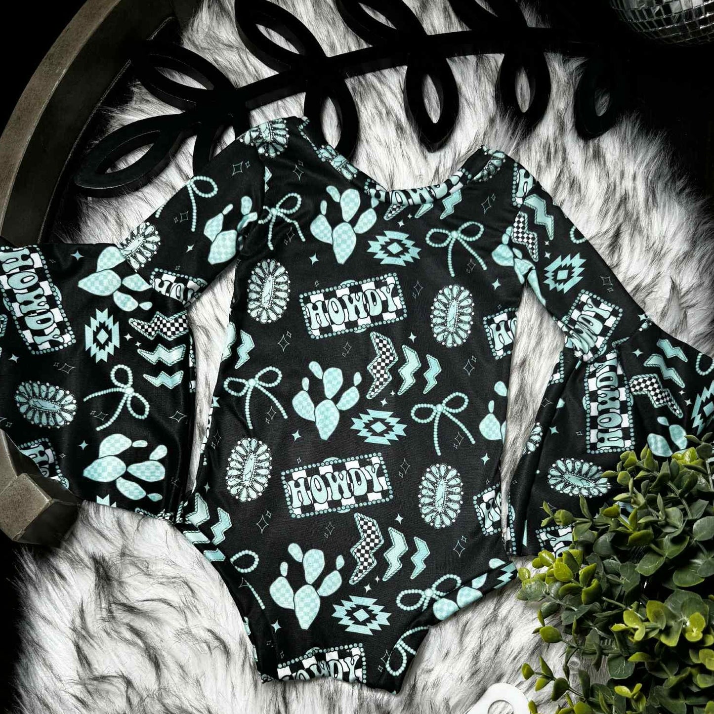 preorder LR2946 Western Aztec Howdy Cactus Long Sleeve Girls Romper