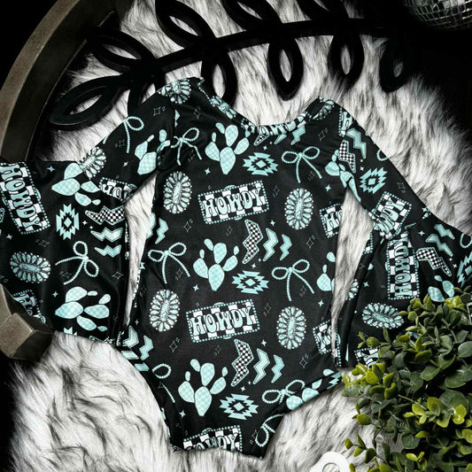 preorder LR2946 Western Aztec Howdy Cactus Long Sleeve Girls Romper