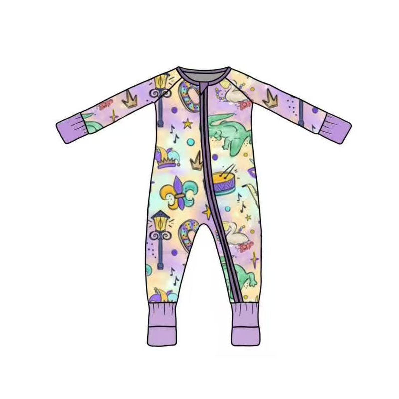 preorder LR2950 Mardi Gras Purple Zipper Long Sleeve Girls Romper
