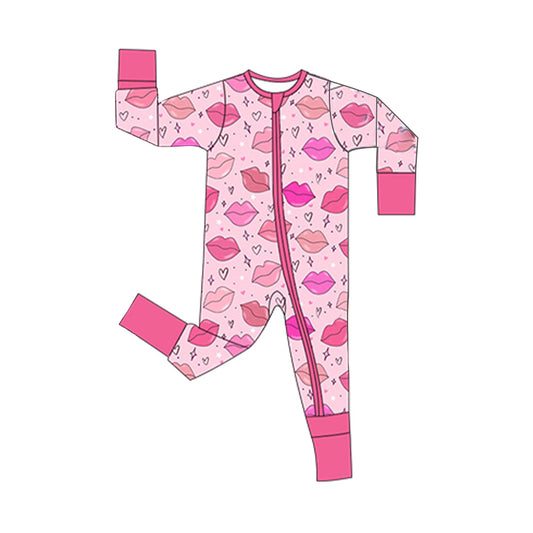 preorder LR2954 Valentine's Day Lips Hot Pink Zipper Long Sleeve Girls Romper