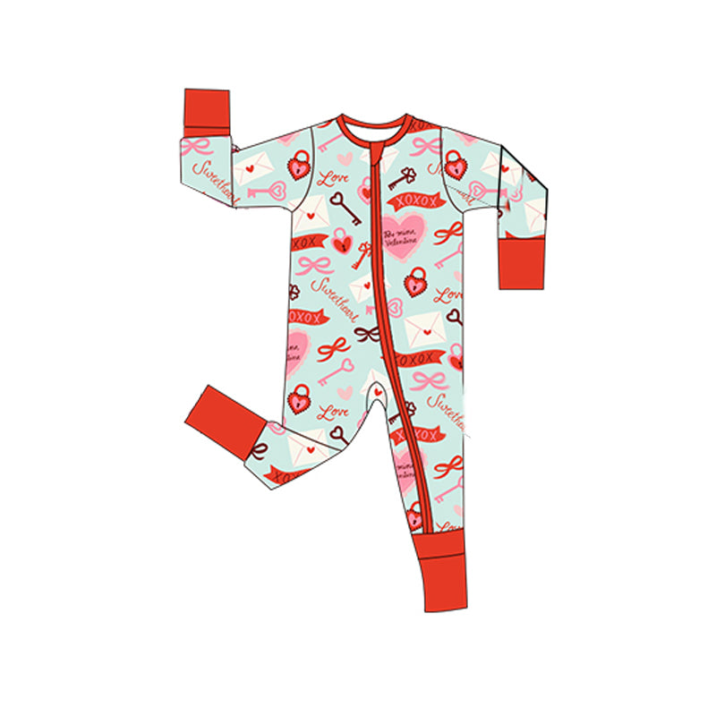 preorder LR2956  Valentine's Day Heart Bows Red Zipper Long Sleeve Girls Romper