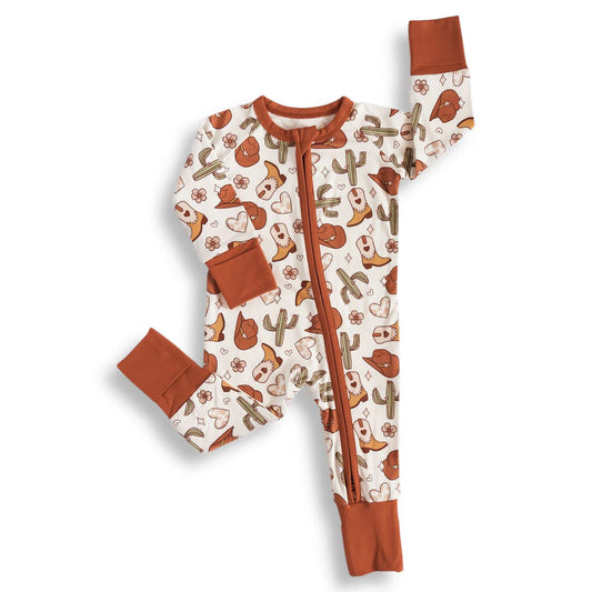 preorder LR2957 Western Cactus Boot Brown Zipper Long Sleeve Boys Romper