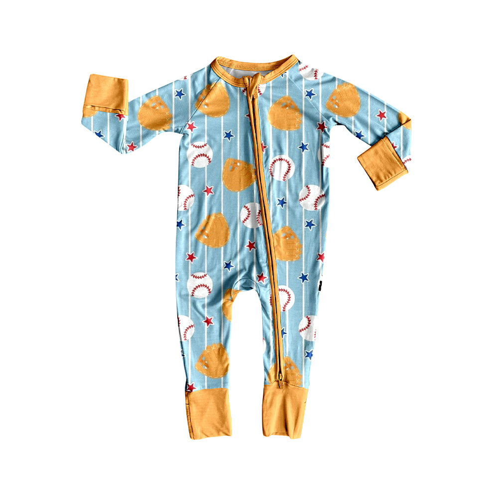preorder LR2959 Baseball Blue Star Zipper Long Sleeve Boys Romper