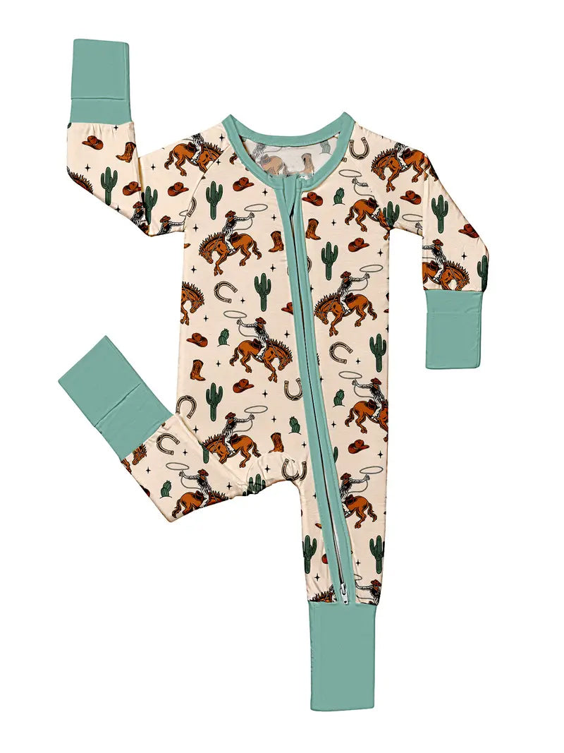 preorder LR2963 Western Rodeo Cactus Blue Zipper Long Sleeve Boys Romper