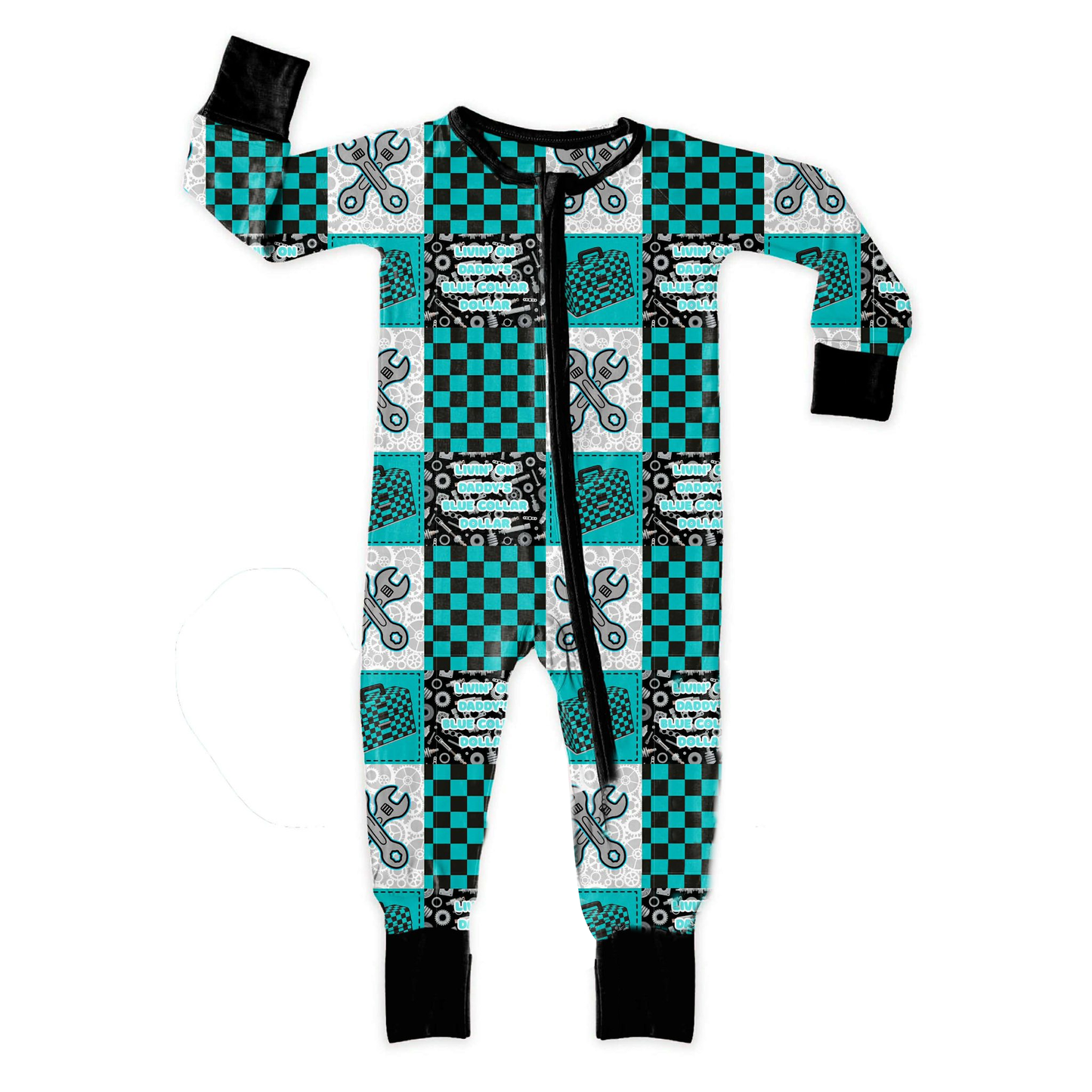 preorder LR2964 Western Blue Checkered Zipper Long Sleeve Boys Romper