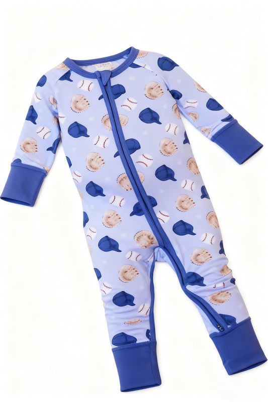 preorder LR2966 Baseball Blue Zipper Long Sleeve Boys Romper