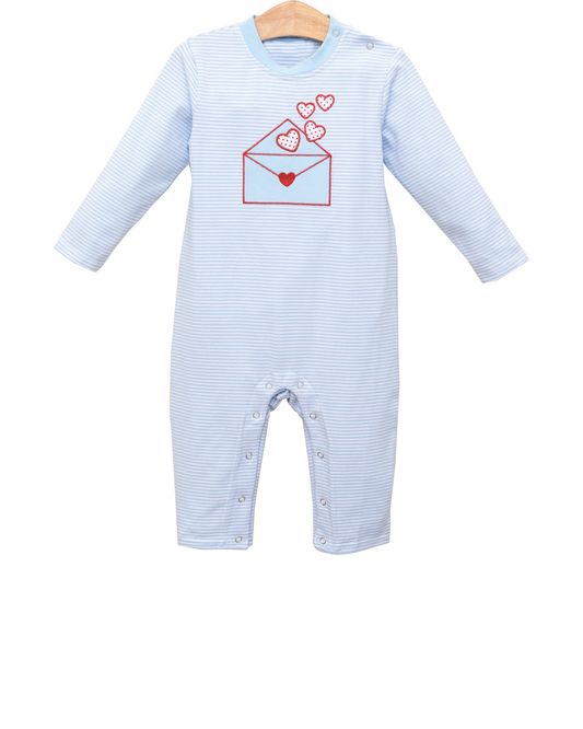 preorder LR2971 Valentine's Day Heart Blue Striped Long Sleeve Boys Romper