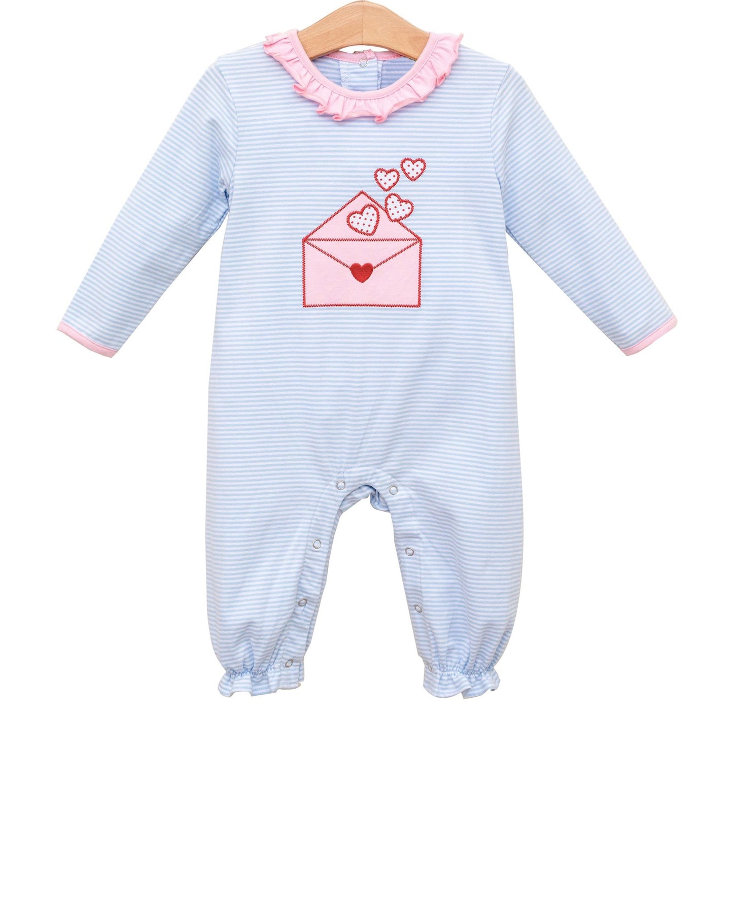 preorder LR2972 Valentine's Day Heart Blue Striped Long Sleeve Girls Romper