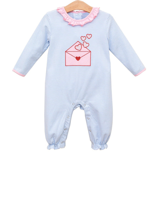preorder LR2972 Valentine's Day Heart Blue Striped Long Sleeve Girls Romper