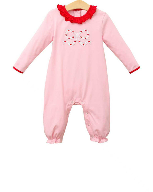 preorder LR2973 Valentine's Day Heart Bow Pink Long Sleeve Girls Romper