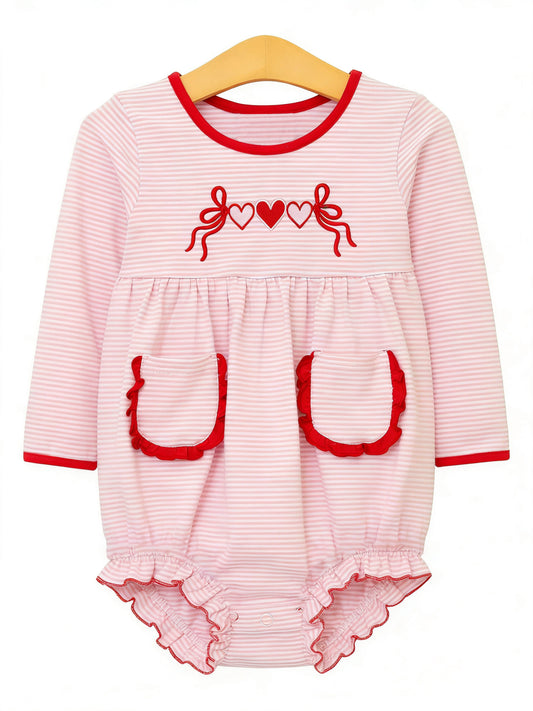 preorder LR2974 Valentine's Day Heart Bows Pink Long Sleeve Girls Romper