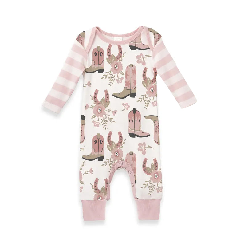 preorder LR2976 Western Boots Flowers Pink Long Sleeve Girls Romper