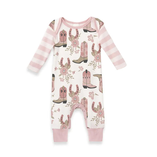 preorder LR2976 Western Boots Flowers Pink Long Sleeve Girls Romper