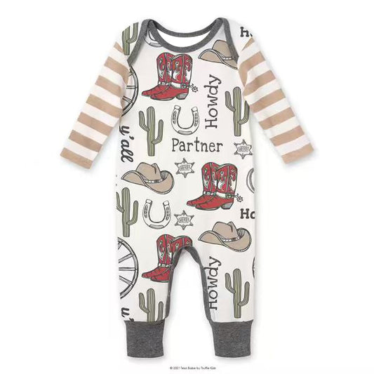 preorder LR2977 Western Howdy Partner Long Sleeve Boys Romper