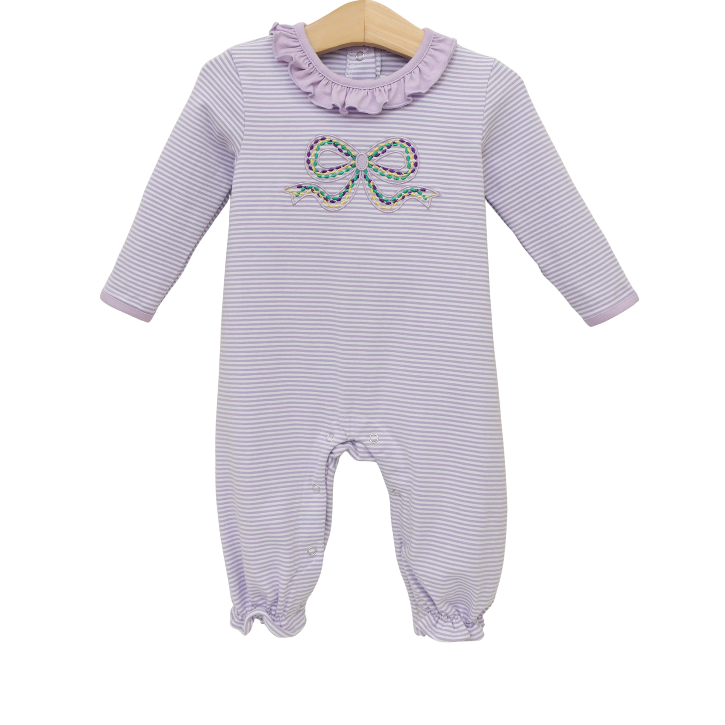 preorder LR2980 Mardi Gras Bow Purple Striped Long Sleeve Girls Romper