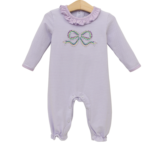 preorder LR2980 Mardi Gras Bow Purple Striped Long Sleeve Girls Romper