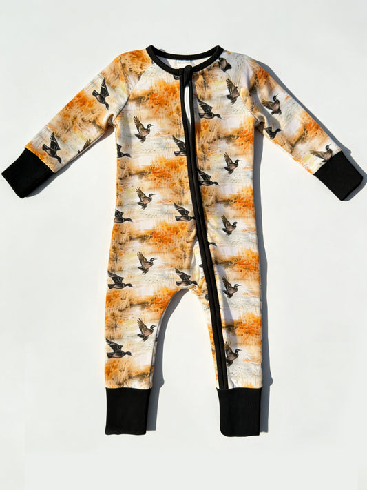 preorder LR2986 Hunting Mallard Duck Zipper Long Sleeve Boys Romper