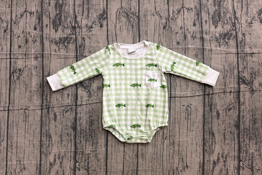 preorder Samples LR3001 Fishing Green Checkered Long Sleeve Boys Romper