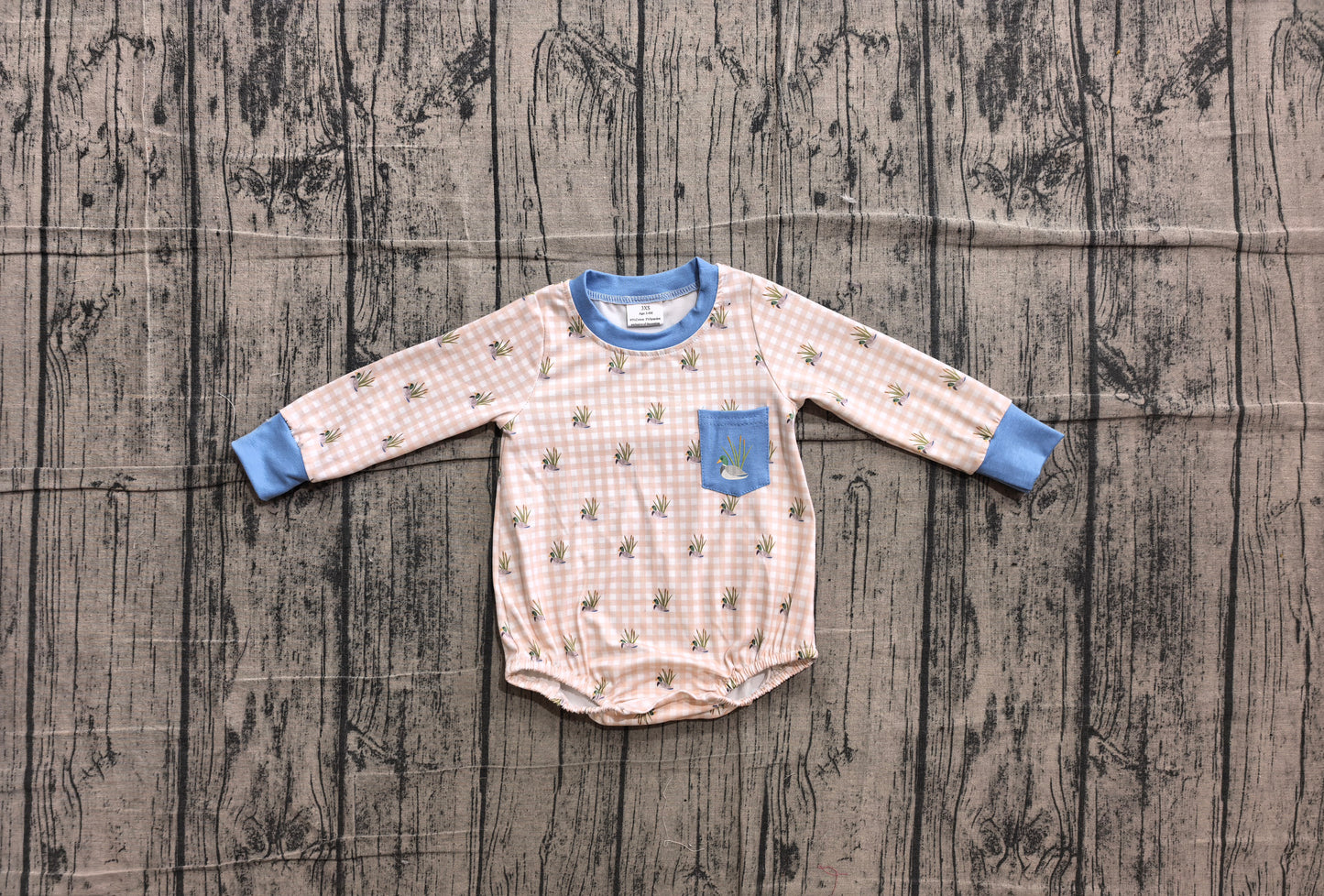 preorder Samples LR3002 Hunting Mallard Duck Checkered Long Sleeve Boys Romper