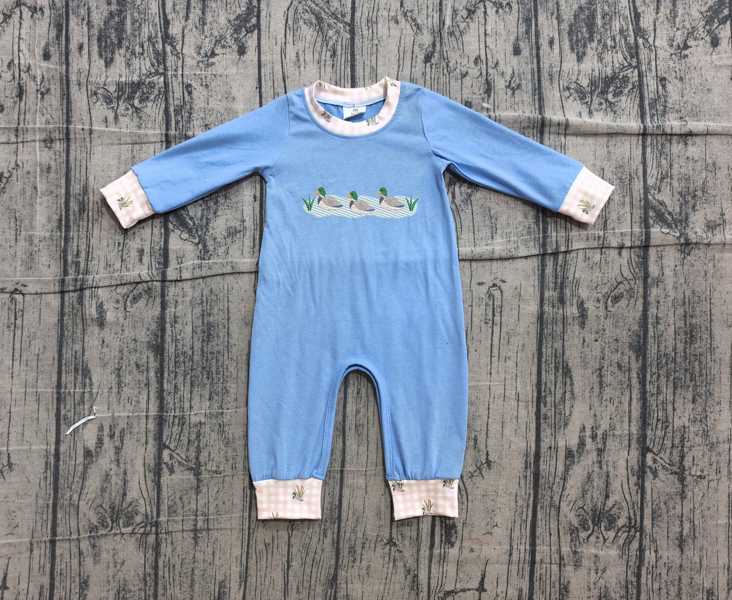 preorder Samples LR3007 Hunting Mallard Duck Blue Long Sleeve Boys Romper